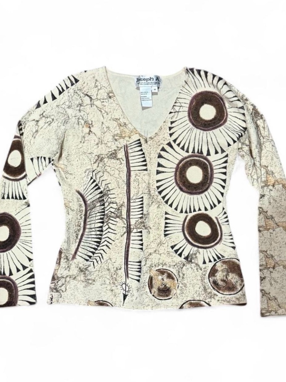 Joseph A Cream & Brown Circular Graphic V-Neck Long Sleeve Top